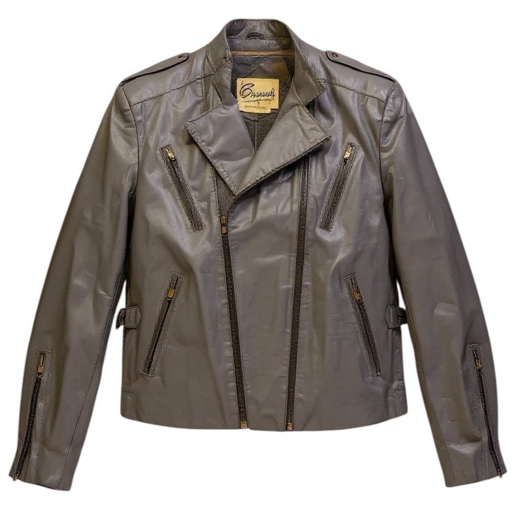 Vintage Bermans Gray Leather Moto Jacket Faux Fur Lined Removable Vest